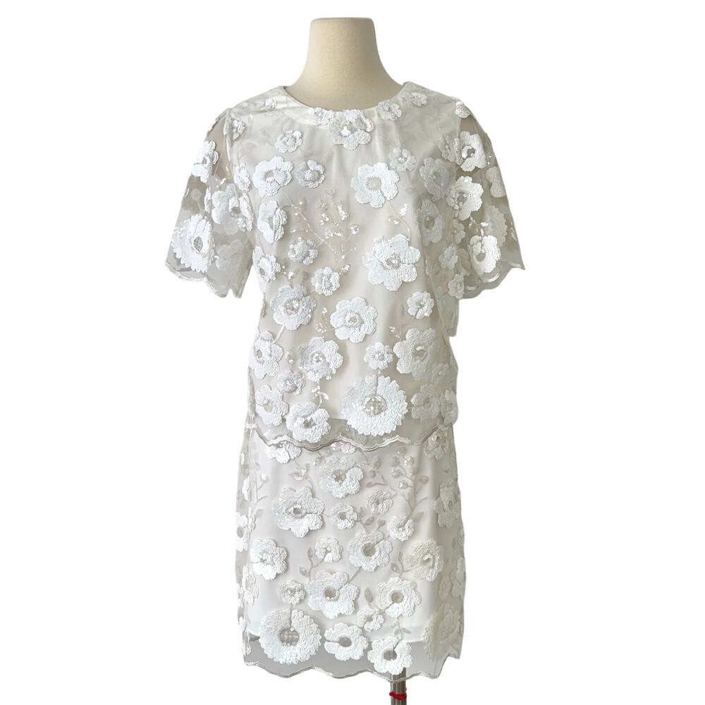 MILLY Floral Applique Sequin Matching Set Short Sleeve Top Mini Skirt L/10 NWT